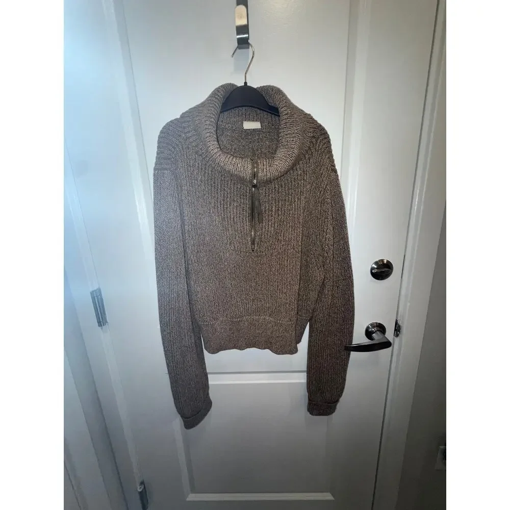 Varley Chunky Knit Quarter Zip Sweater Women Brown Oversized Collar Cozy